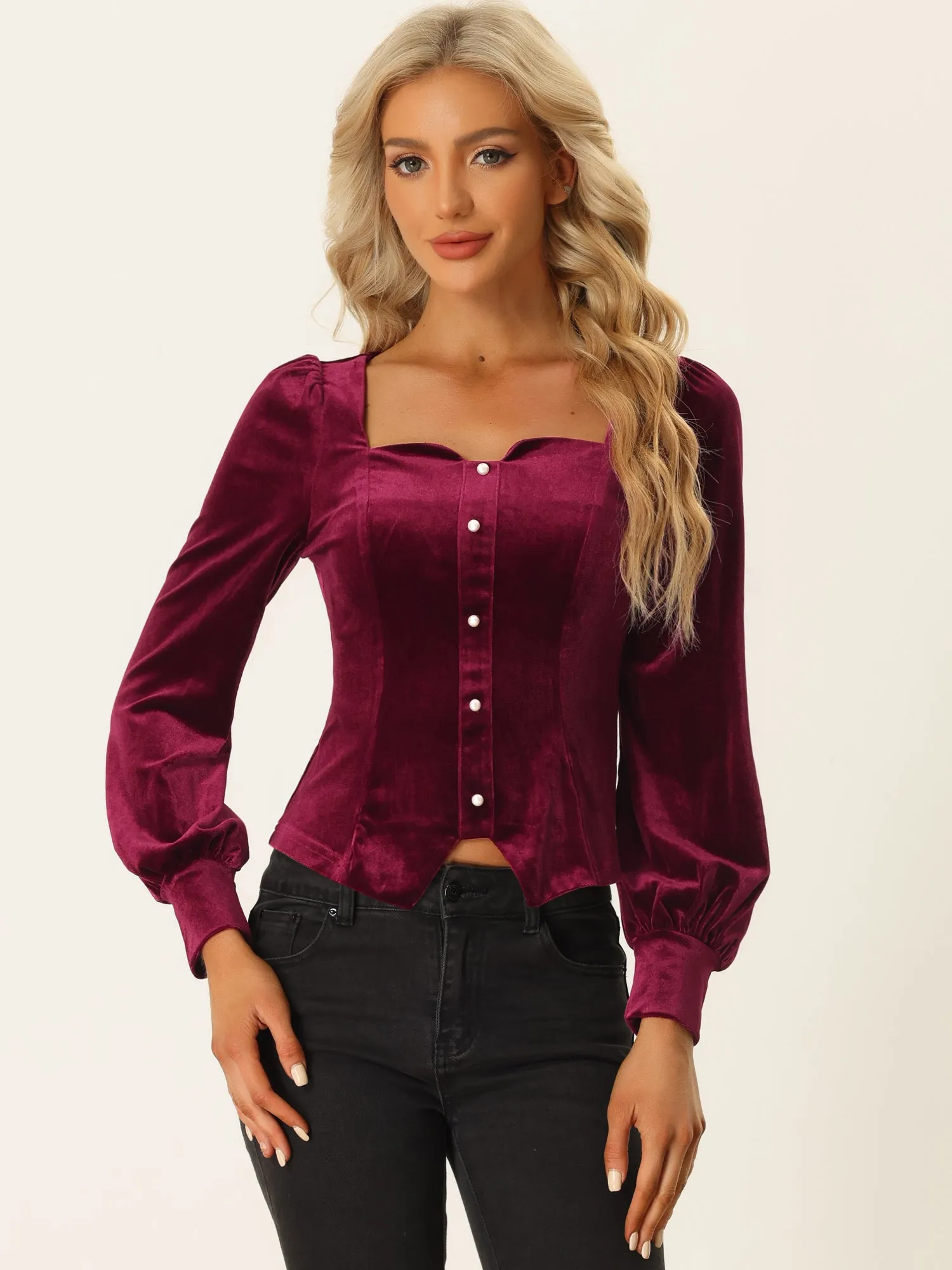 Vintage Velvet Top Sweetheart Neck Cinched Waist Casual Blouse sold by Allegra K product image thumbnail 4