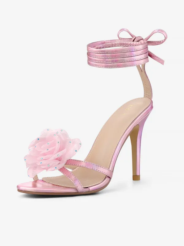 Women's Flower Rhinestone Open Toe Lace Up Stiletto Heels Sandals sold by Allegra K