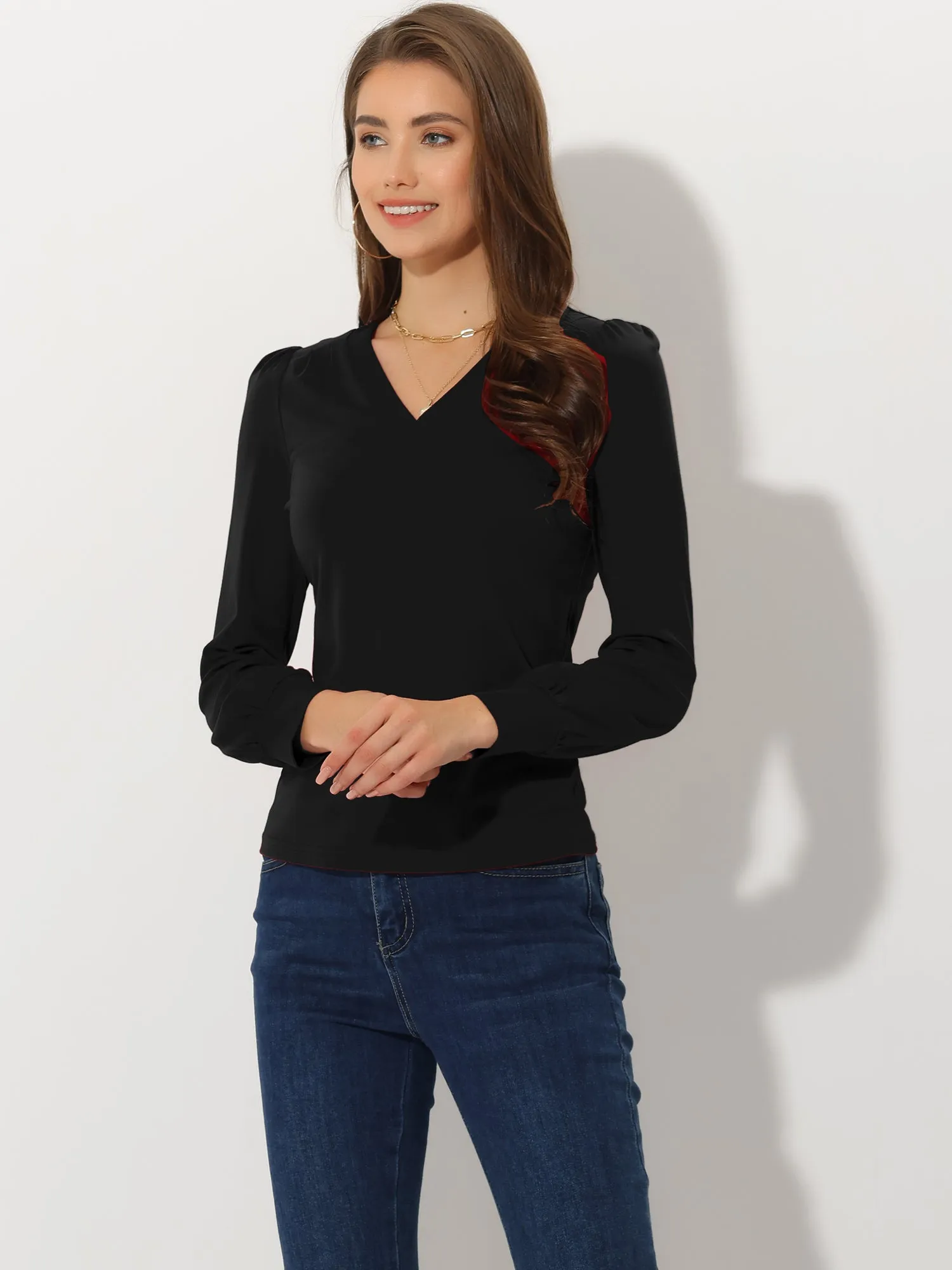 Casual Office V Neck Long Sleeve Basic Loose T-Shirt sold by Allegra K product image thumbnail 5