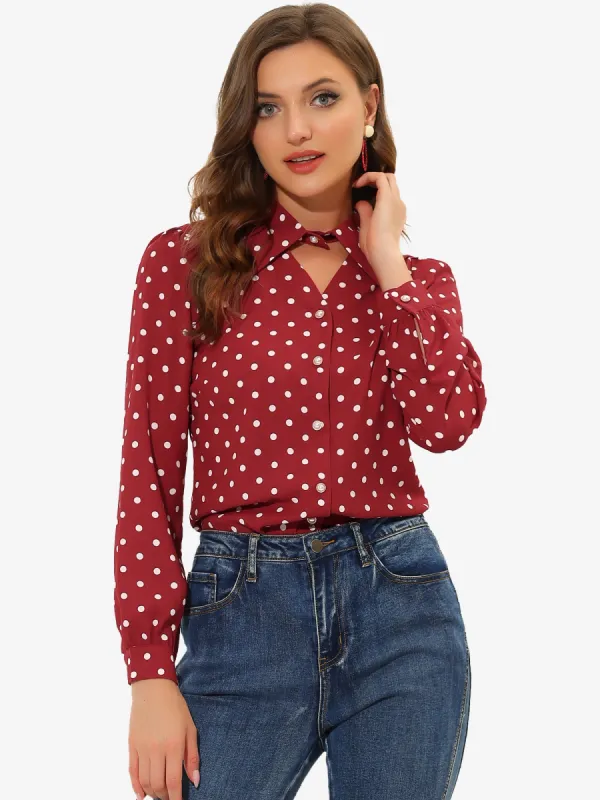 Button Down Shirt Vintage Choker Neck Polka Dots Blouse sold by Allegra K