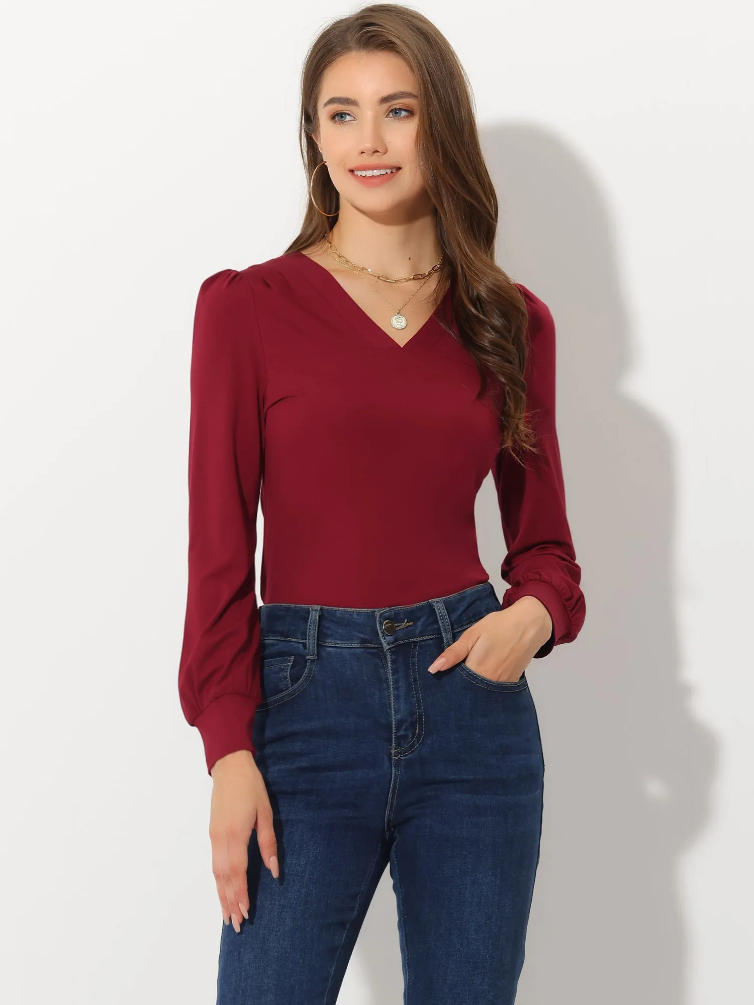 Casual Office V Neck Long Sleeve Basic Loose T-Shirt sold by Allegra K product image thumbnail 2
