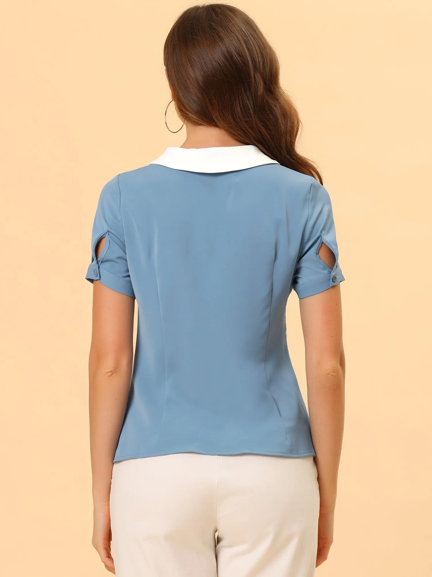 Peter Pan Contrast Collar Work Button Down Chiffon Shirt sold by Allegra K product image thumbnail 3