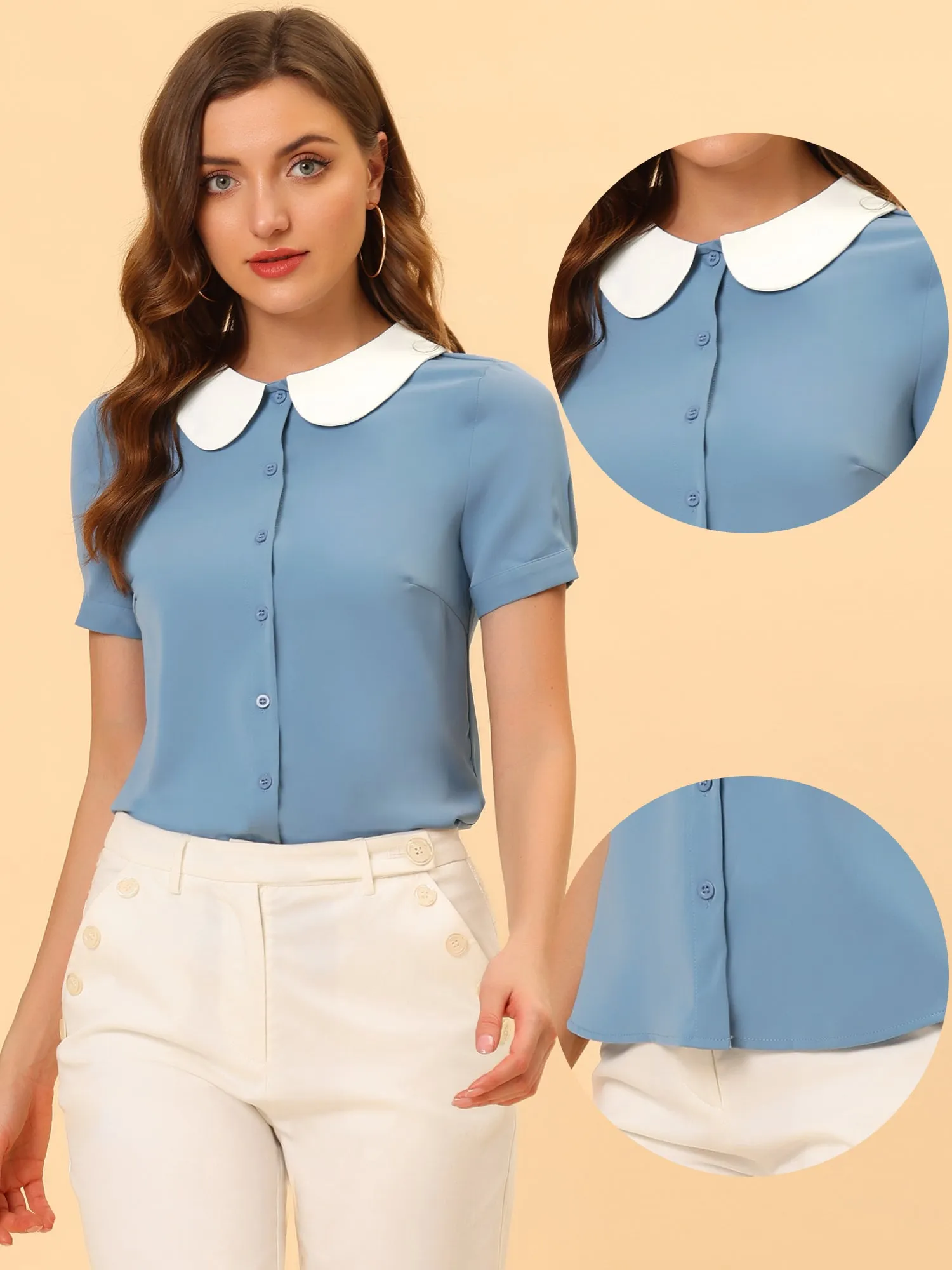 Peter Pan Contrast Collar Work Button Down Chiffon Shirt sold by Allegra K product image thumbnail 2