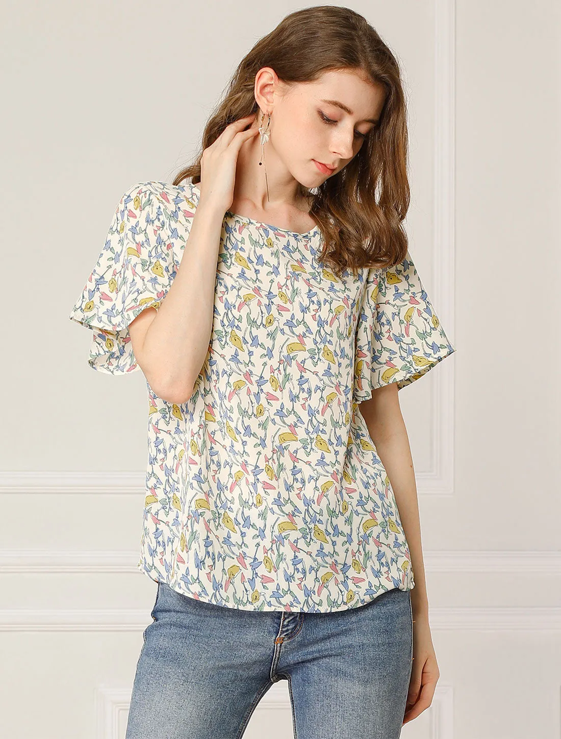 Floral Blouse Tee Chiffon Casual Flutter Sleeve Tops sold by Allegra K product image thumbnail 5