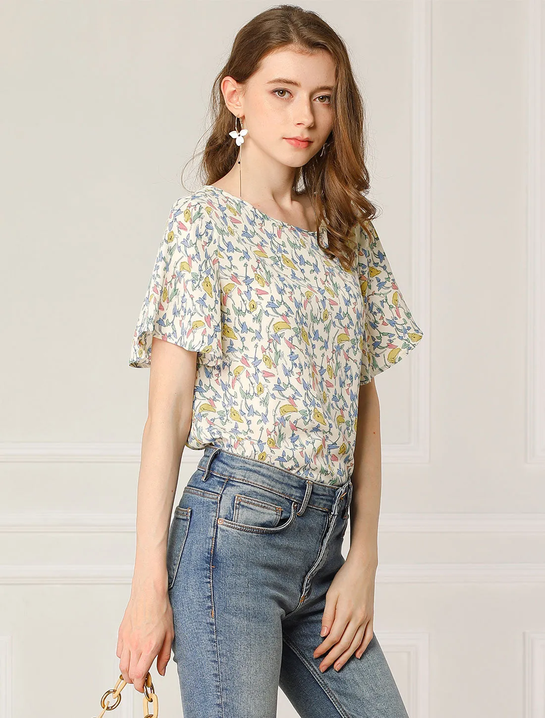 Floral Blouse Tee Chiffon Casual Flutter Sleeve Tops sold by Allegra K product image thumbnail 4