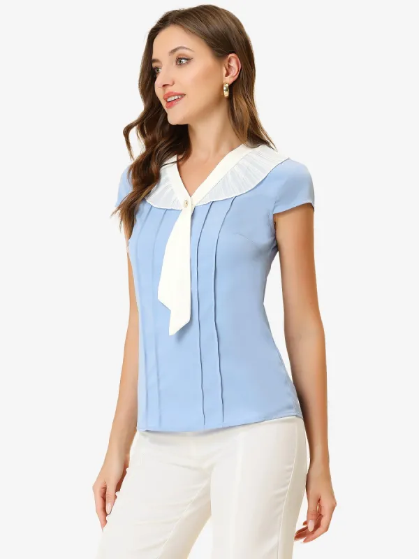 Elegant Cap Sleeve Tie Neck Pleated Work Office Blouse sold by Allegra K