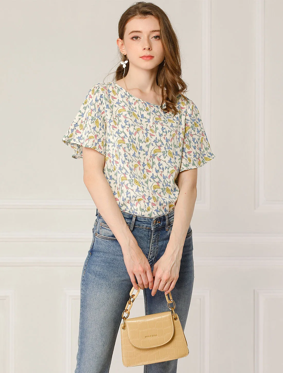 Floral Blouse Tee Chiffon Casual Flutter Sleeve Tops sold by Allegra K product image thumbnail 3