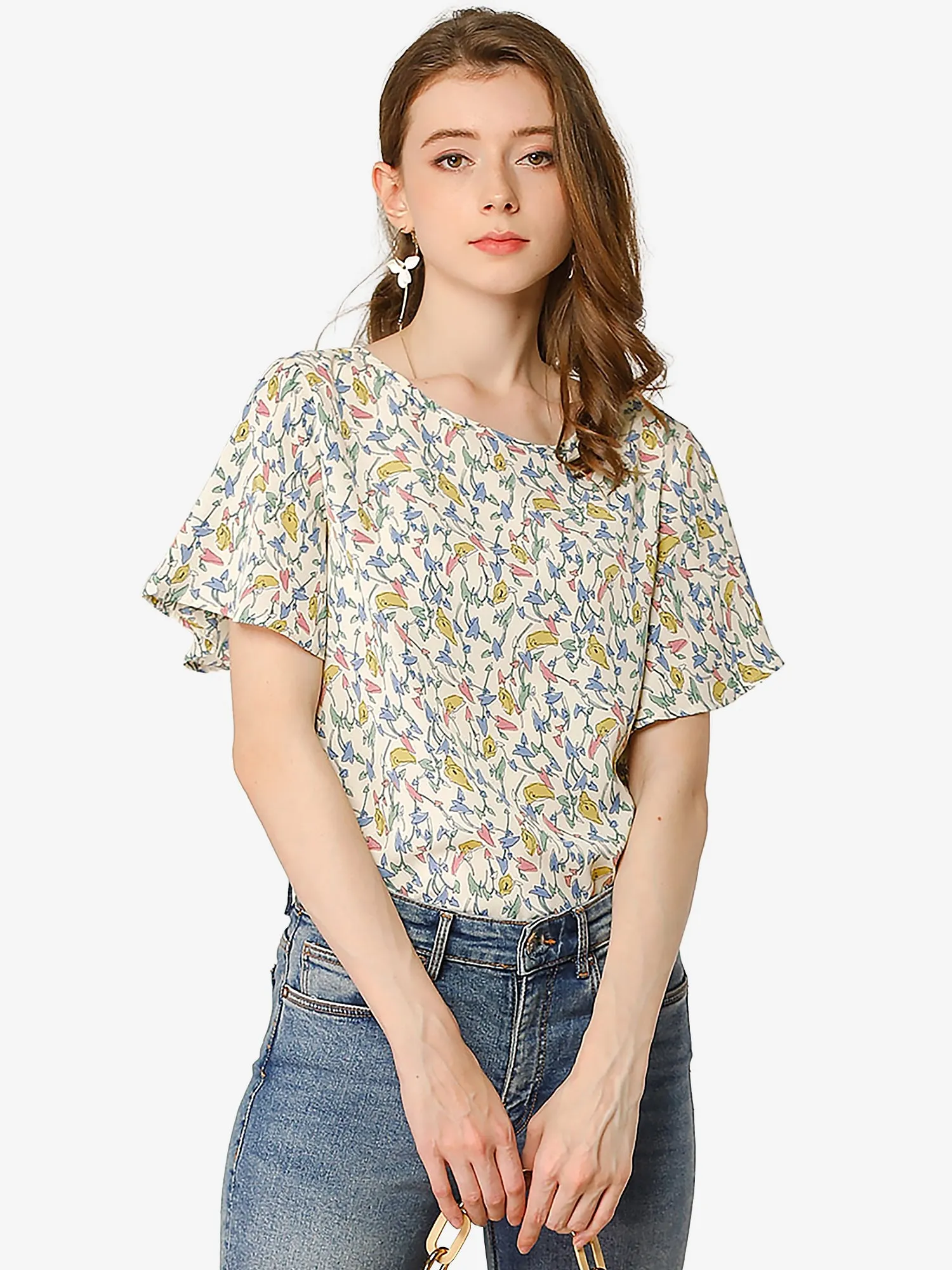 Floral Blouse Tee Chiffon Casual Flutter Sleeve Tops sold by Allegra K