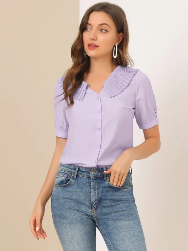 Peasant Top Pleated Collar Button Short Sleeve Shirt sold by Allegra K