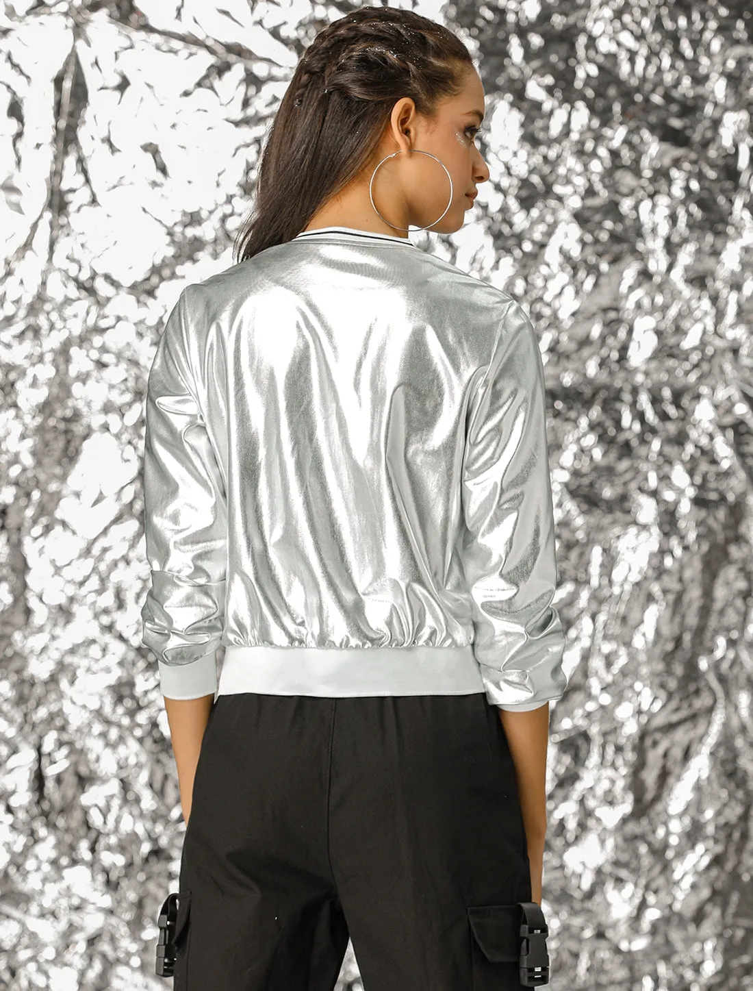Holographic Shimmering Metallic Lightweight Bomber Jacket sold by Allegra K product image thumbnail 4