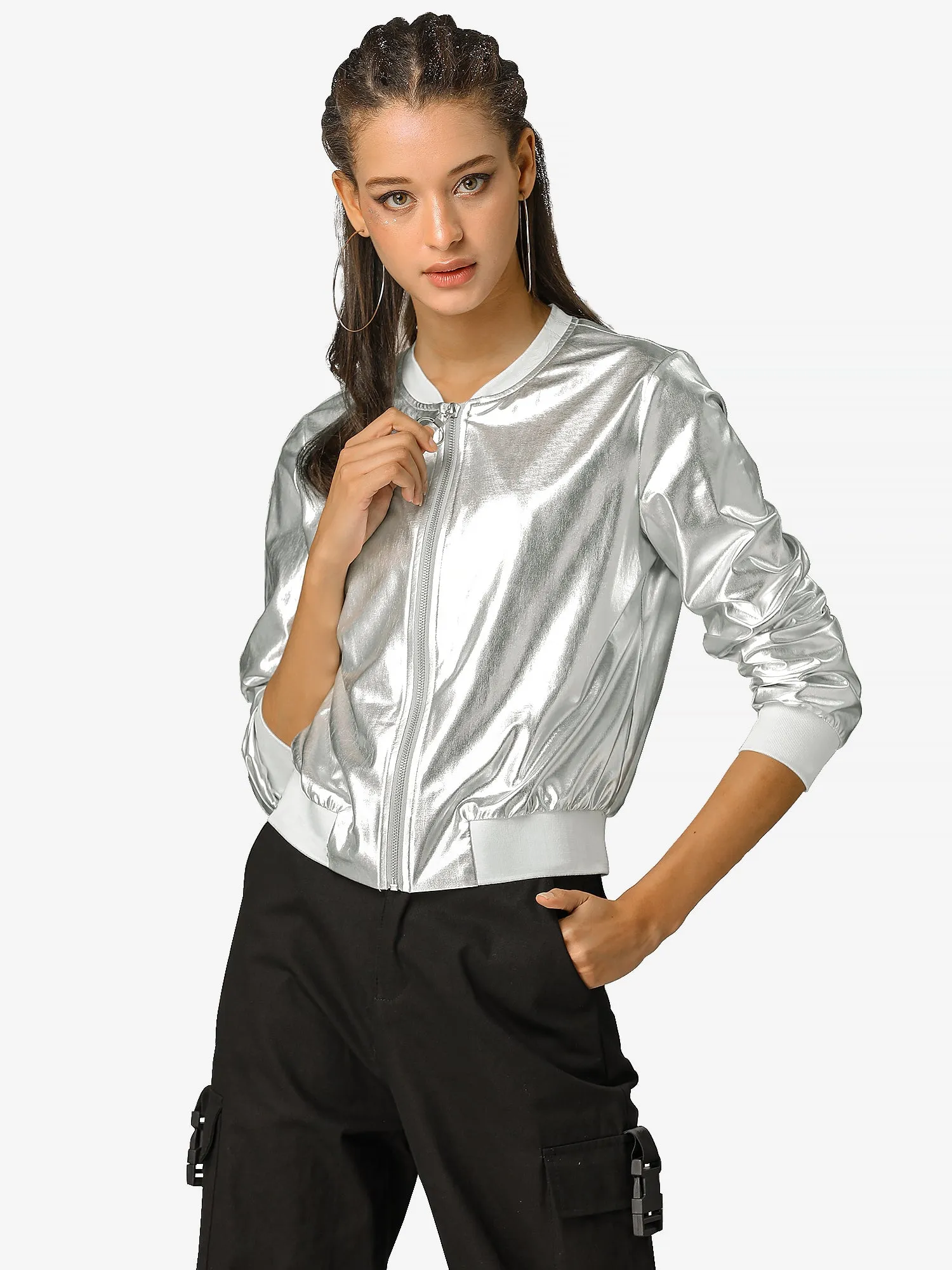 Holographic Shimmering Metallic Lightweight Bomber Jacket sold by Allegra K