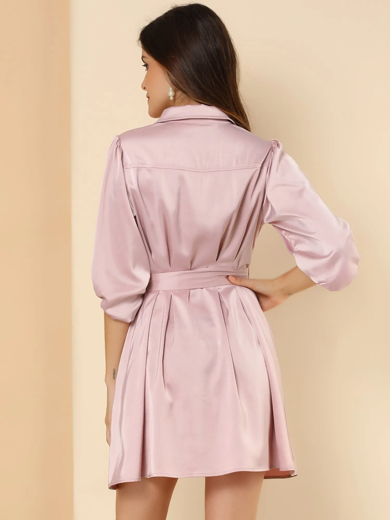 Elegant Satin Pleated Waist A-Line Belted Puff Sleeve Shirt Dress sold by Allegra K product image thumbnail 4