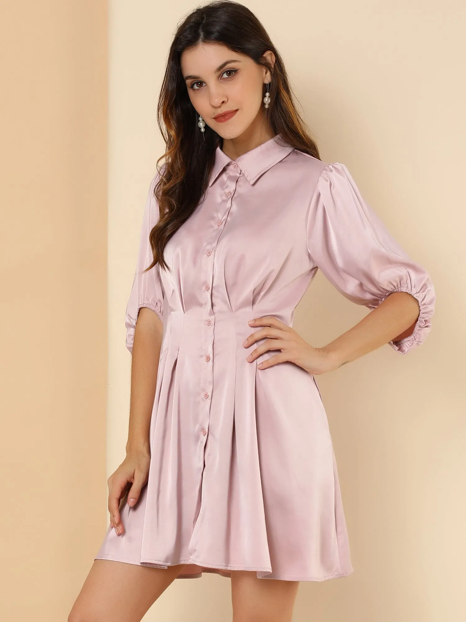 Elegant Satin Pleated Waist A-Line Belted Puff Sleeve Shirt Dress sold by Allegra K