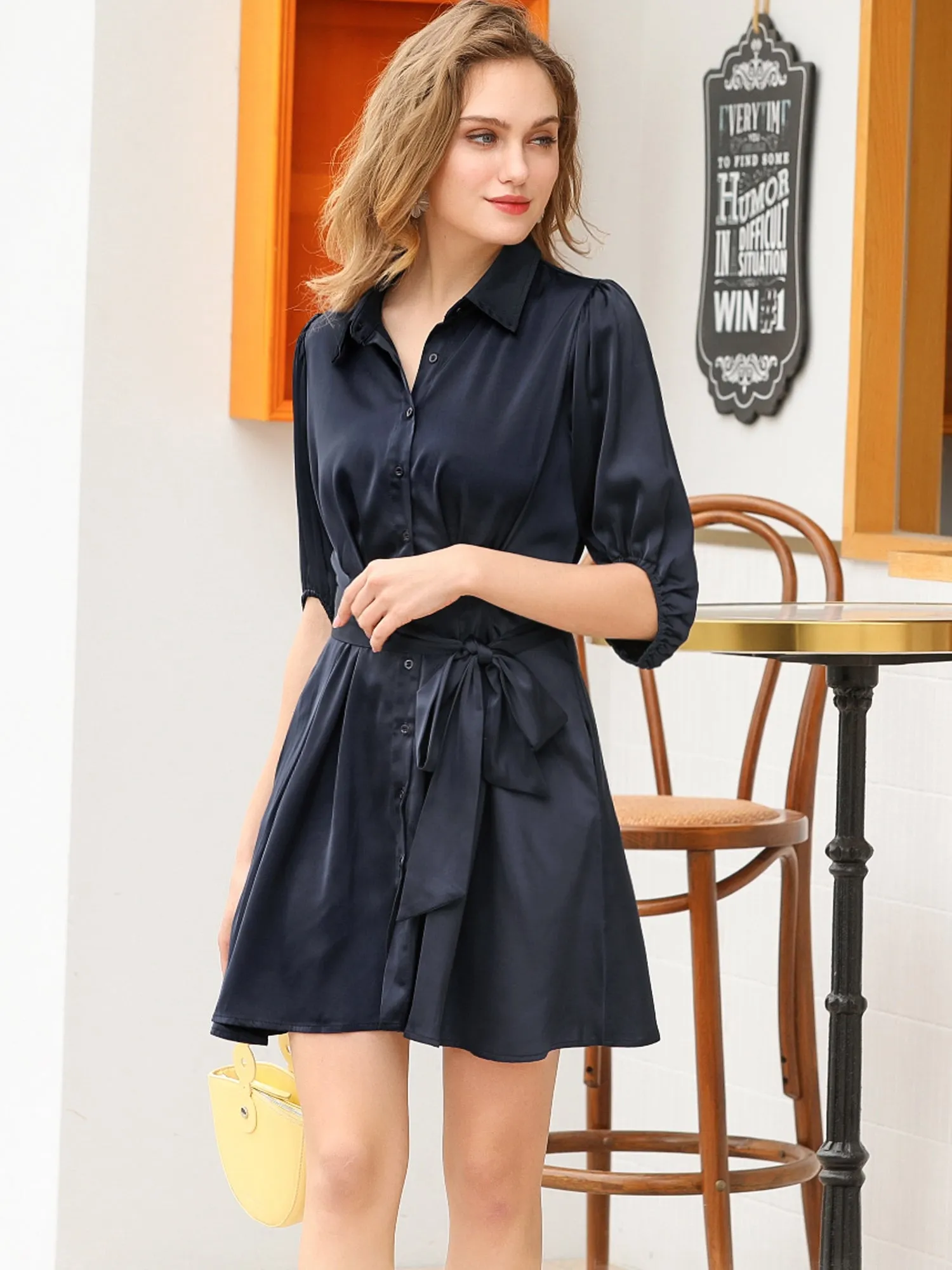 Elegant Satin Pleated Waist A-Line Belted Puff Sleeve Shirt Dress sold by Allegra K product image thumbnail 5