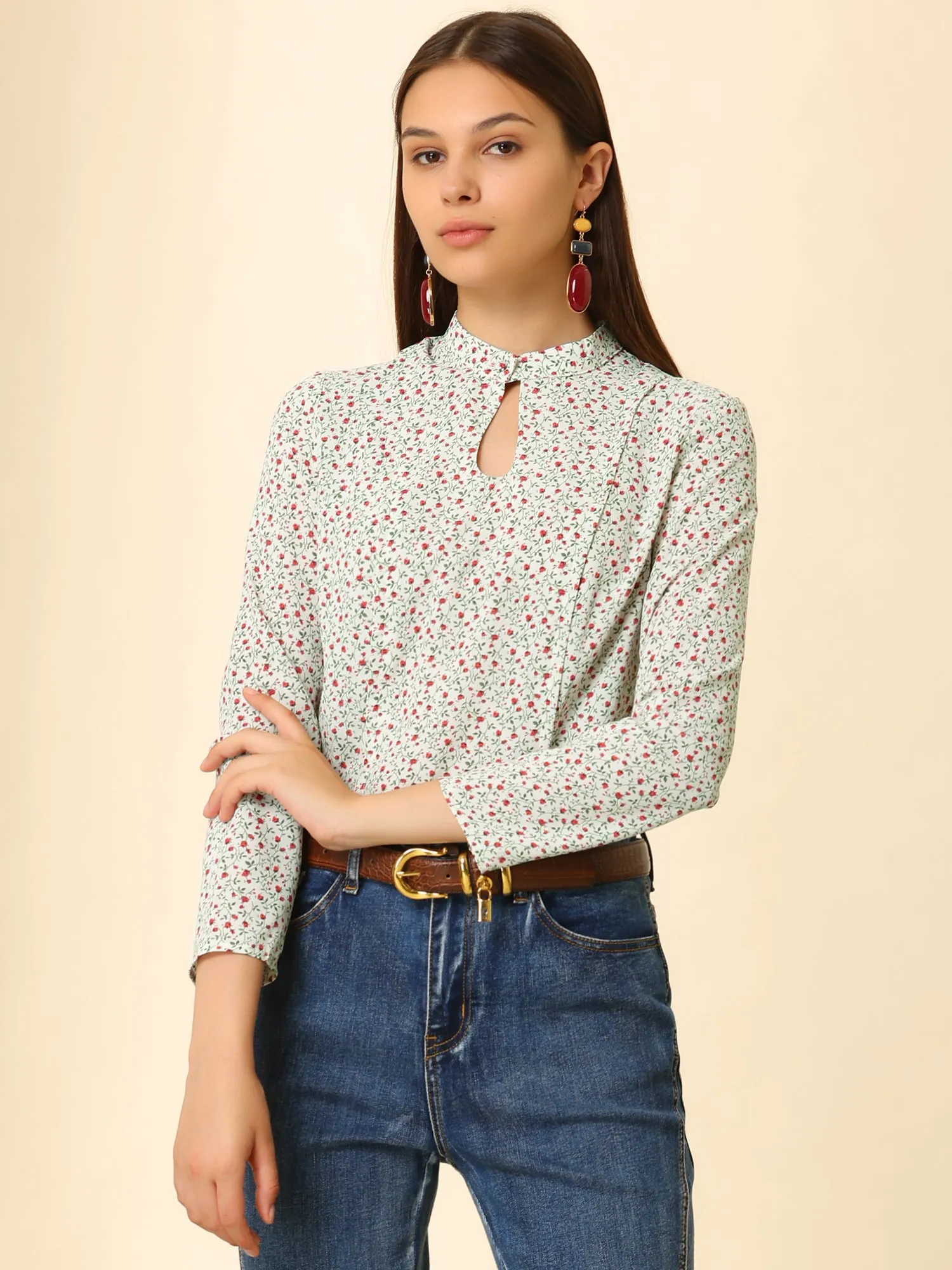 Long Sleeve Work Office Career Keyhole Ladies Floral Blouse sold by Allegra K product image thumbnail 2