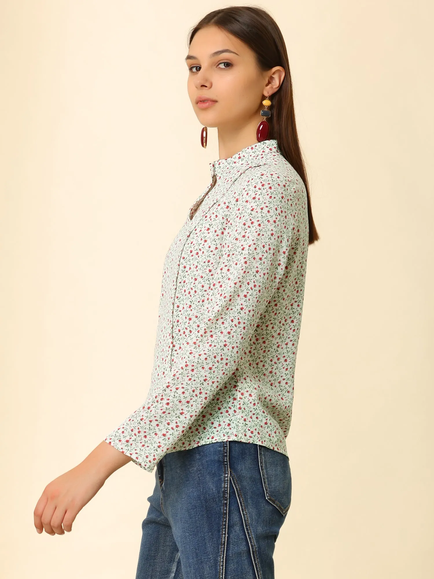 Long Sleeve Work Office Career Keyhole Ladies Floral Blouse sold by Allegra K product image thumbnail 4