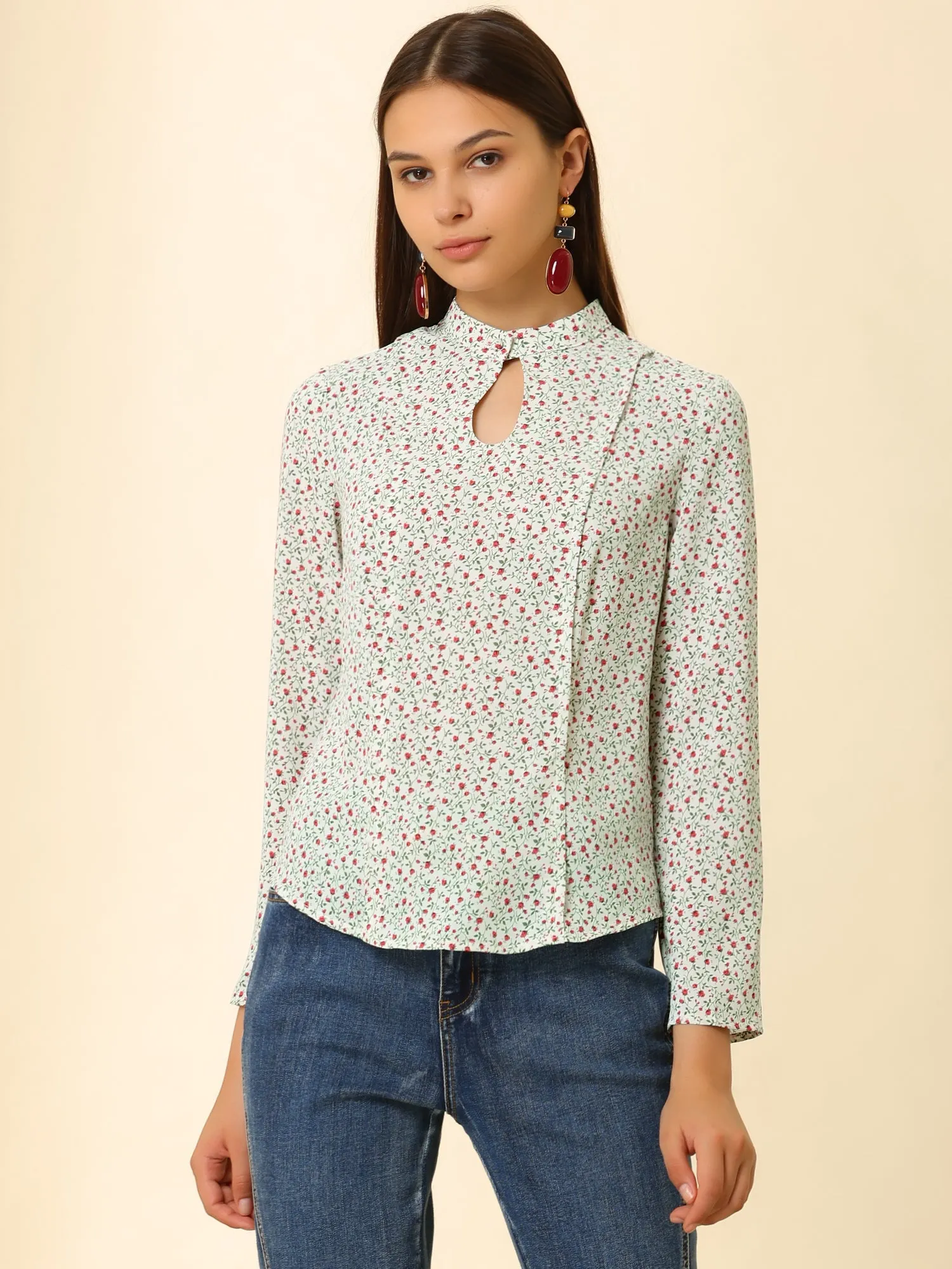 Long Sleeve Work Office Career Keyhole Ladies Floral Blouse sold by Allegra K product image thumbnail 3
