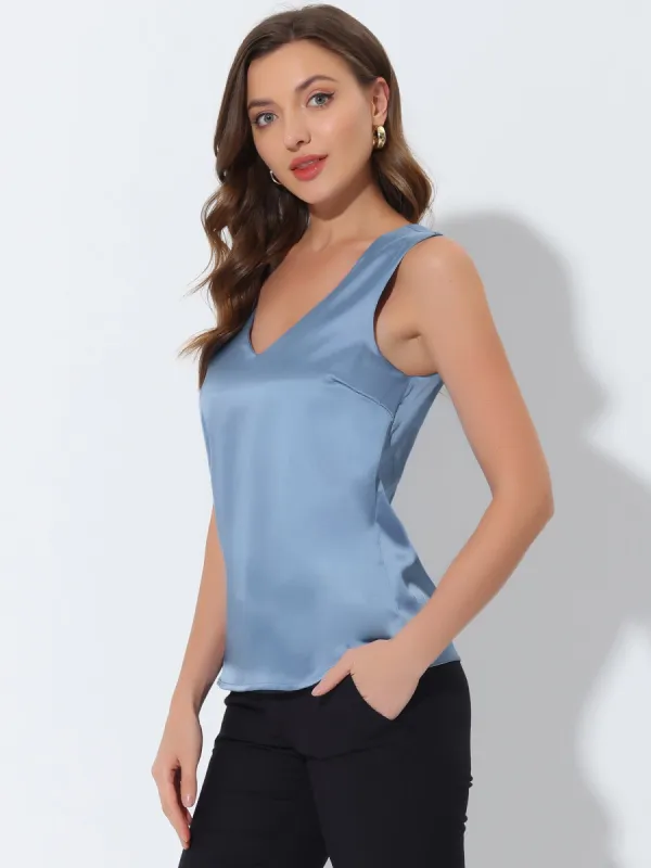 Sleeveless V Neck Tee Shirt Work Office Basic Satin Tank Top sold by Allegra K