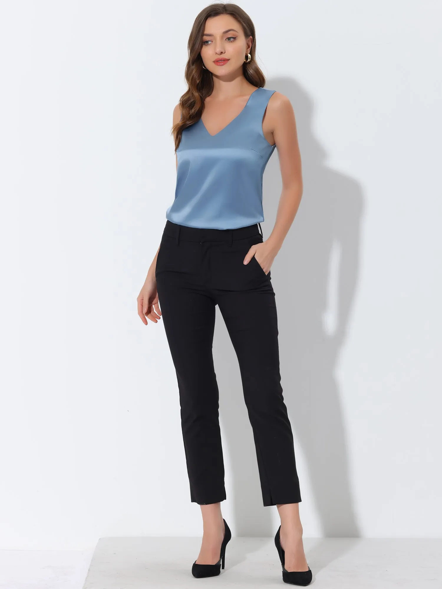 Sleeveless V Neck Tee Shirt Work Office Basic Satin Tank Top sold by Allegra K product image thumbnail 3