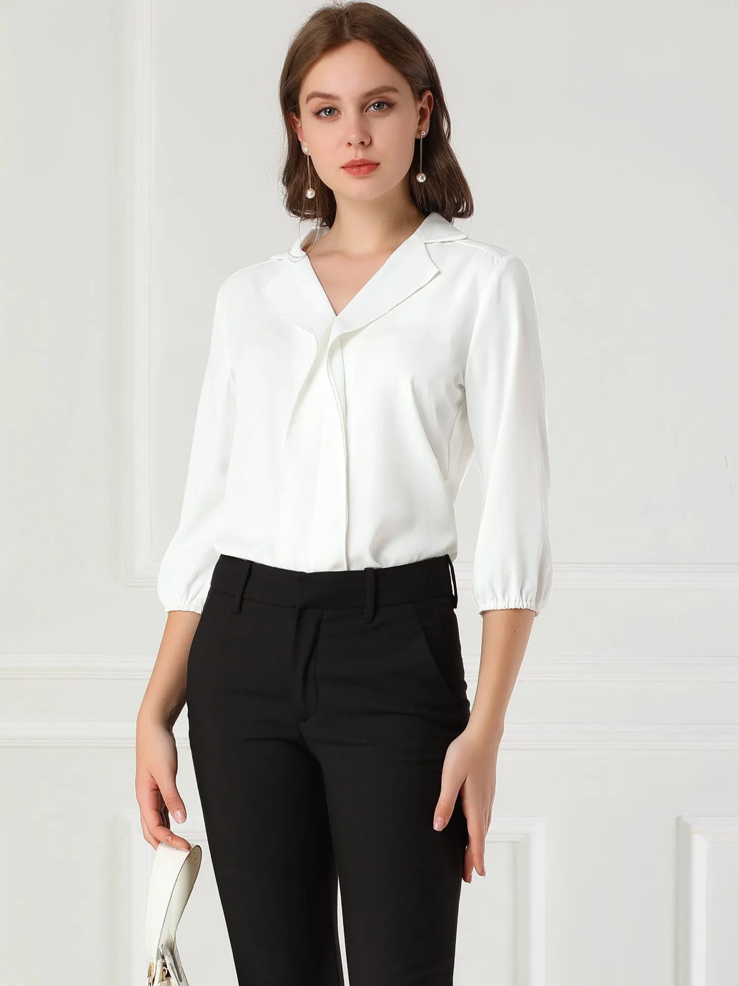 V Neck 3/4 Sleeve Collared Work Office Top Blouse sold by Allegra K product image thumbnail 3