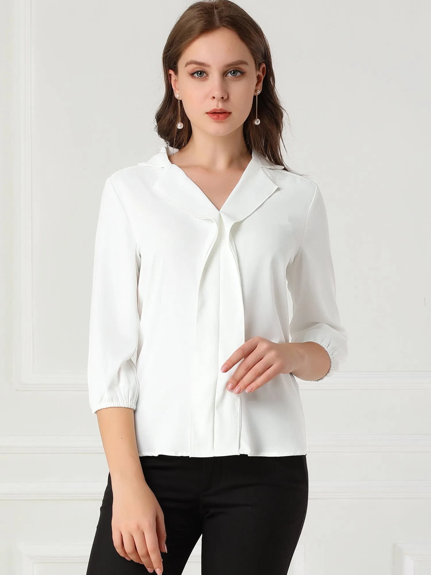 V Neck 3/4 Sleeve Collared Work Office Top Blouse sold by Allegra K product image thumbnail 2