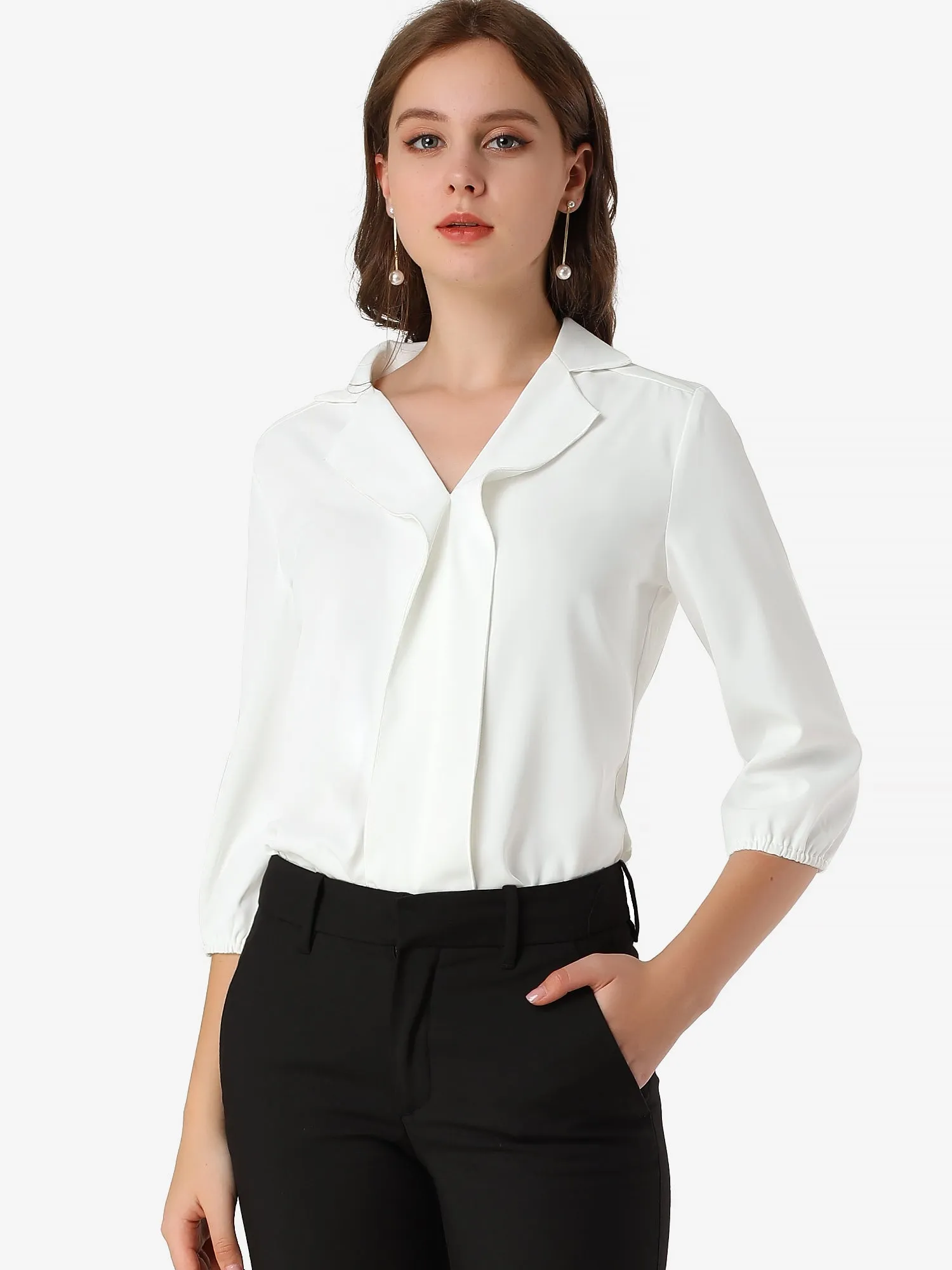 V Neck 3/4 Sleeve Collared Work Office Top Blouse sold by Allegra K