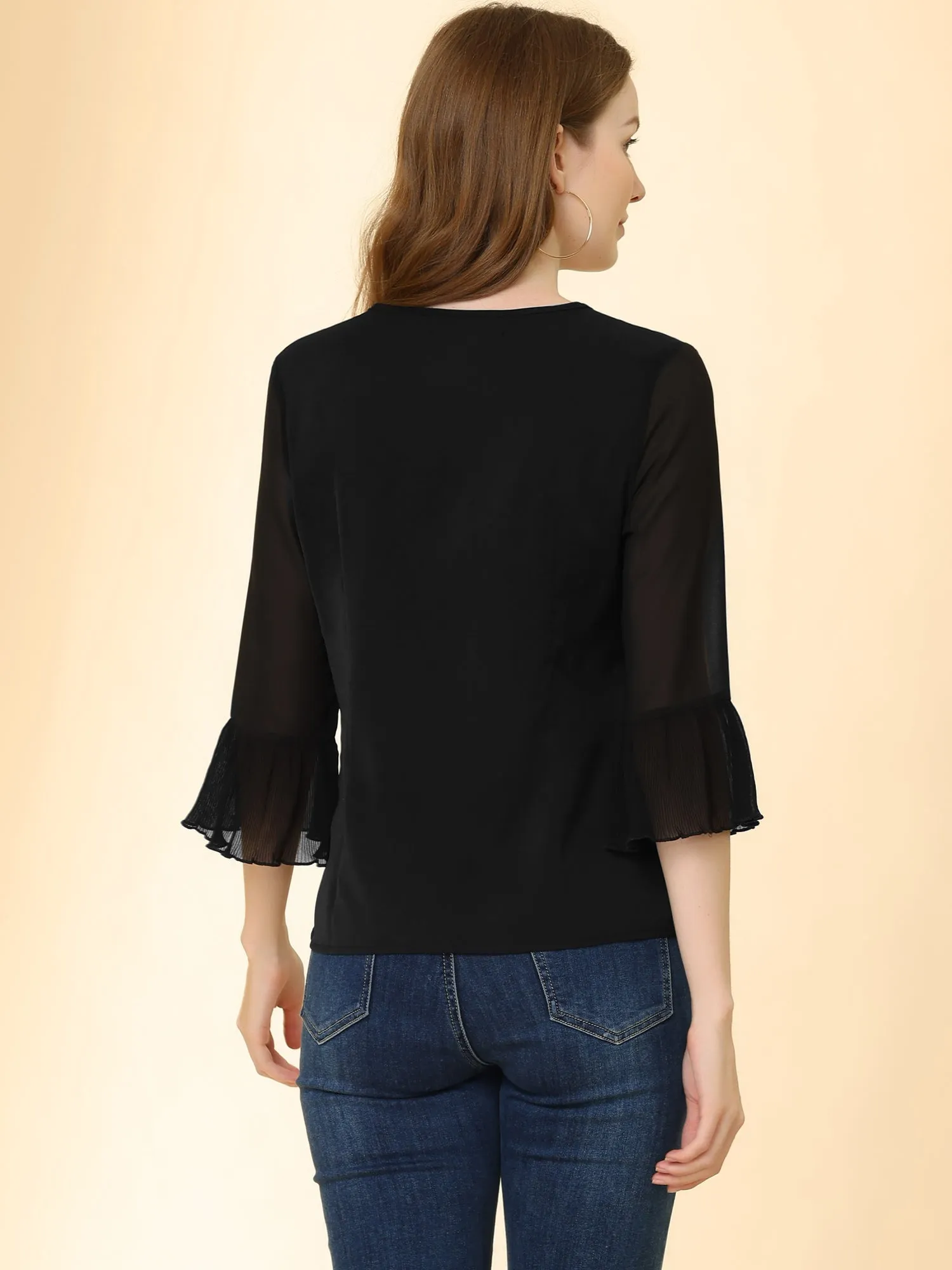 Bow Tie Neck Blouse Sheer 3/4 Sleeve Chiffon Tops sold by Allegra K product image thumbnail 4