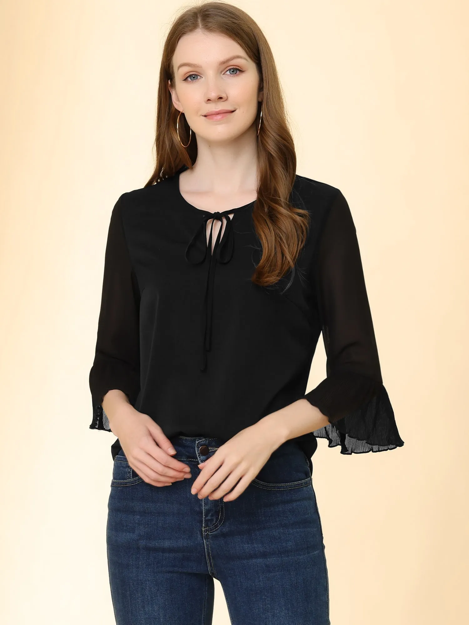 Bow Tie Neck Blouse Sheer 3/4 Sleeve Chiffon Tops sold by Allegra K product image thumbnail 2
