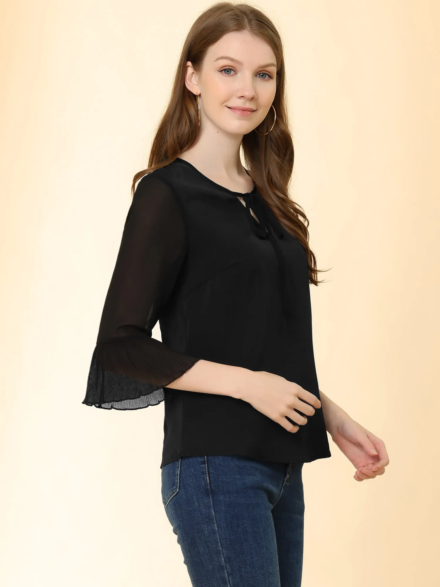 Bow Tie Neck Blouse Sheer 3/4 Sleeve Chiffon Tops sold by Allegra K product image thumbnail 3