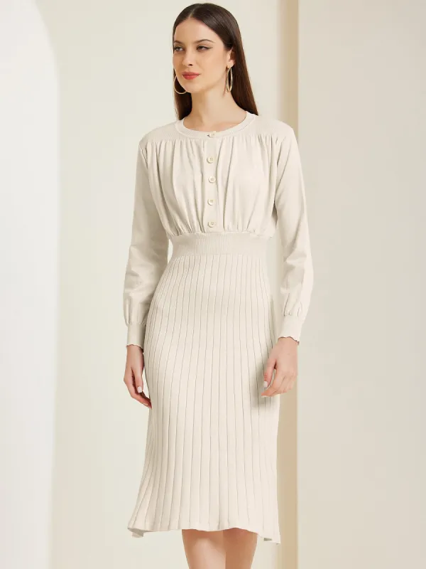 Crew Neck Pleated Lantern Sleeve Midi Ribbed Knit Sweater Dress sold by Allegra K