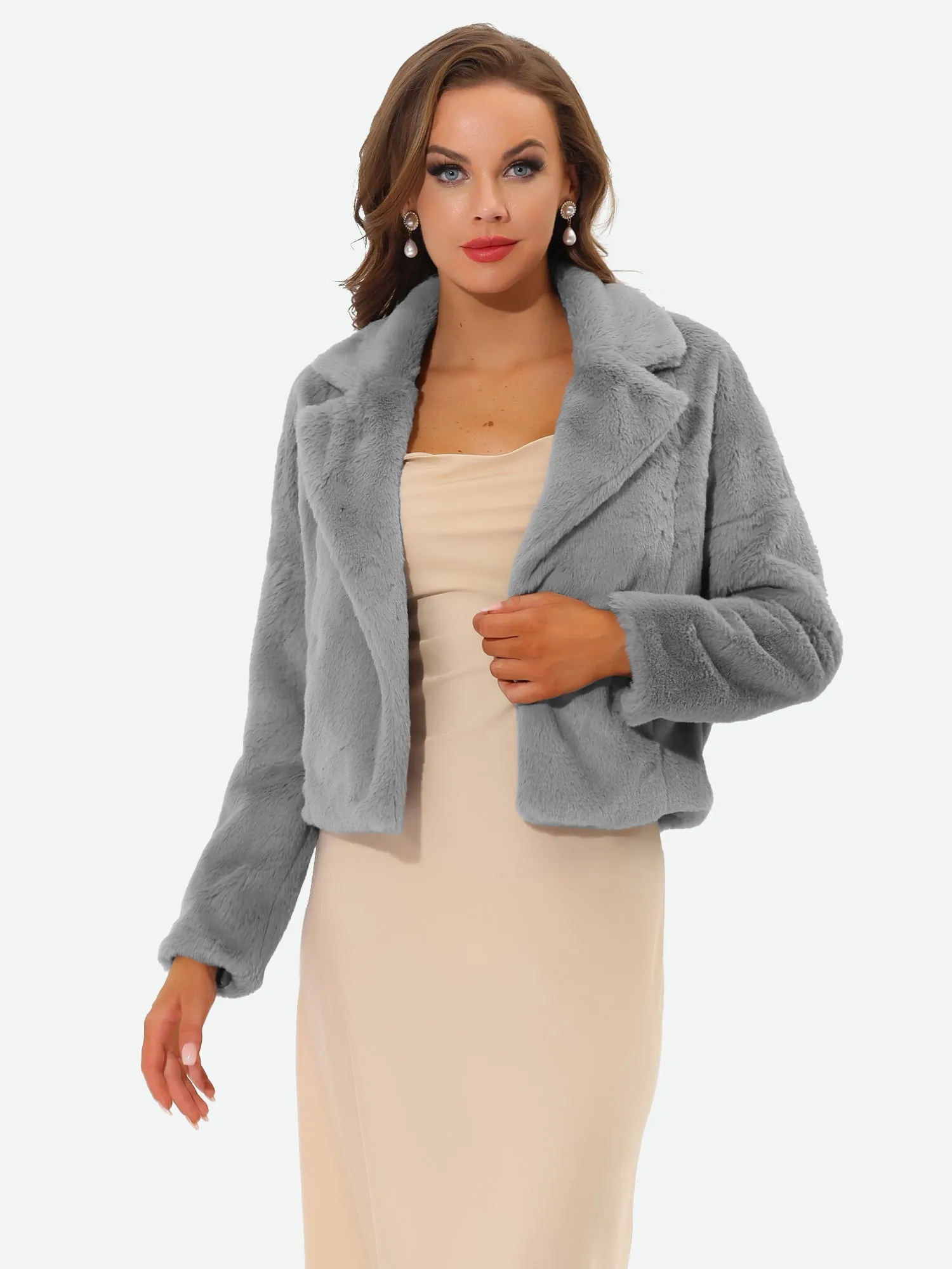 Allegra K Cropped Jacket Notch Lapel Faux Fur Fluffy Coat sold by Allegra K