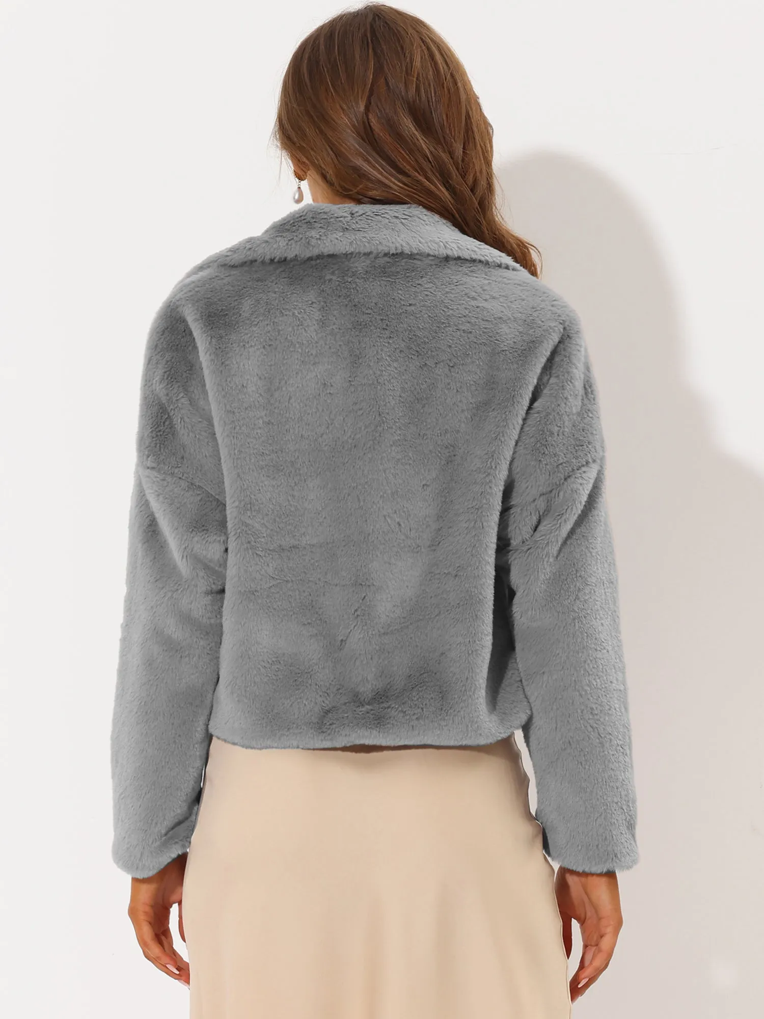 Allegra K Cropped Jacket Notch Lapel Faux Fur Fluffy Coat sold by Allegra K product image thumbnail 5