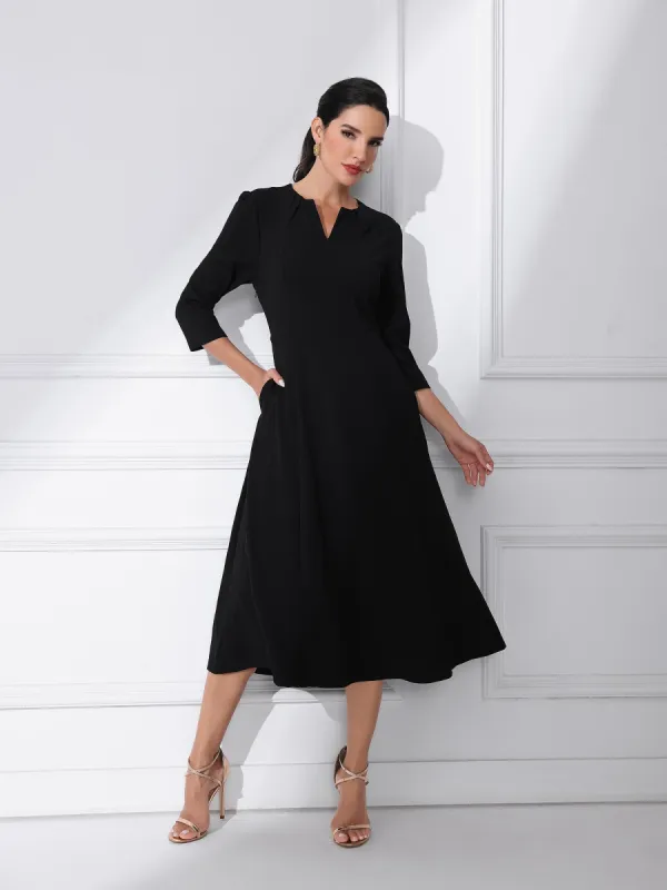Notch Neck Pocketed 3/4 Sleeve Solid A-Line Work Dress sold by Allegra K