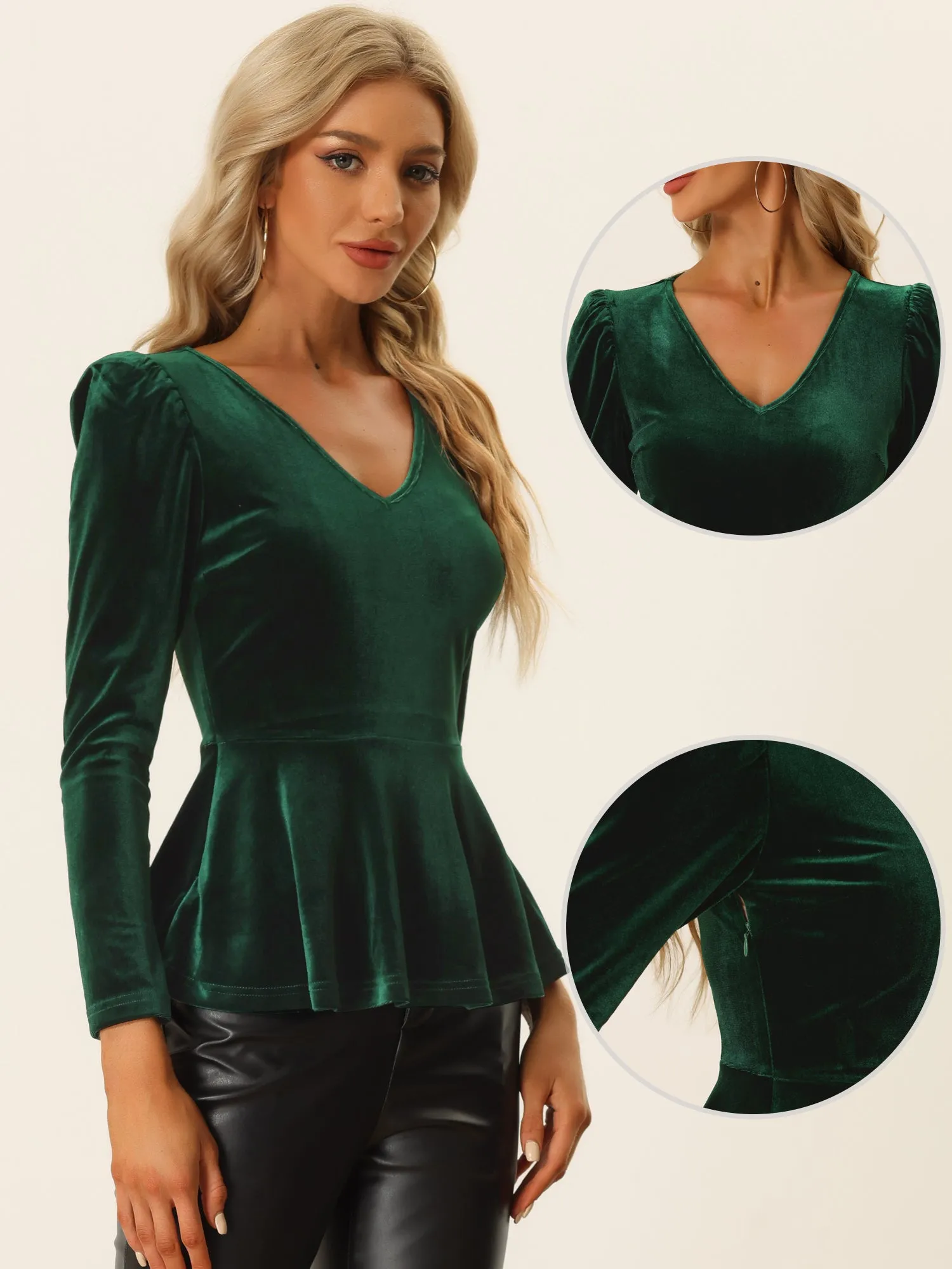Allegra K Velvet Blouse Elegant V Neck Long Sleeve Peplum Top sold by Allegra K product image thumbnail 2