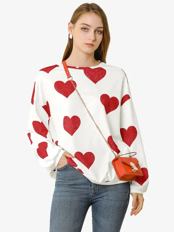 Drop Shoulder Long Sleeve Sweatshirt Loose Sweet Heart Print Top sold by Allegra K