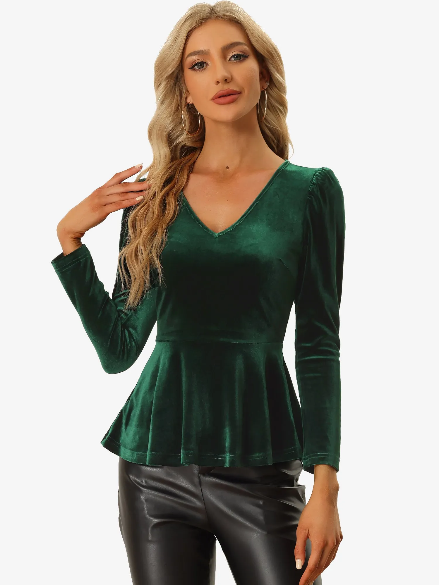 Allegra K Velvet Blouse Elegant V Neck Long Sleeve Peplum Top sold by Allegra K