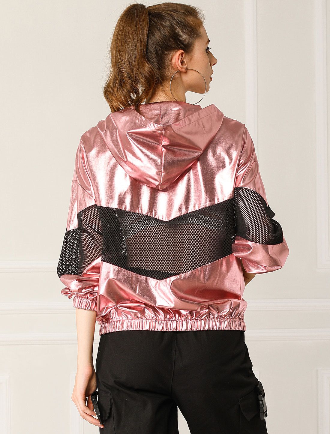 Mesh Hollow Out Hooded Shiny Metallic Holographic Jacket sold by Allegra K product image thumbnail 4