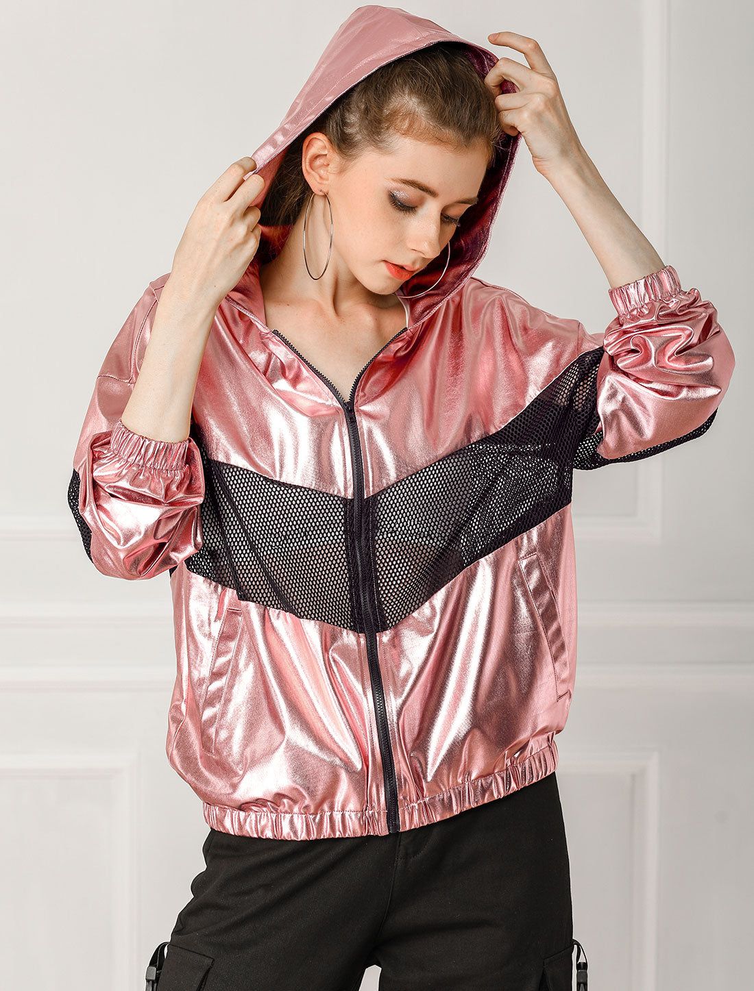 Mesh Hollow Out Hooded Shiny Metallic Holographic Jacket sold by Allegra K product image thumbnail 2