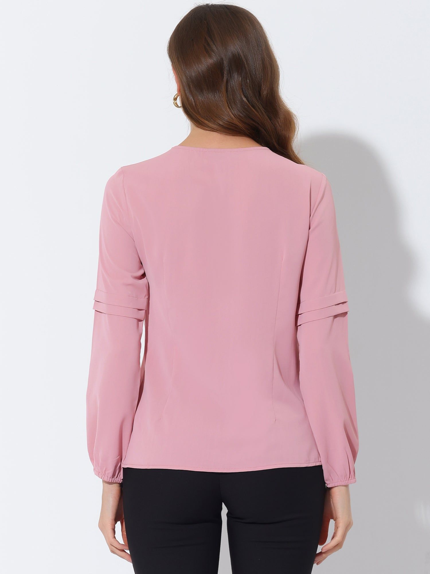 Solid Pleated Neckline Casual Round Neck Long Sleeve Blouse sold by Allegra K product image thumbnail 3