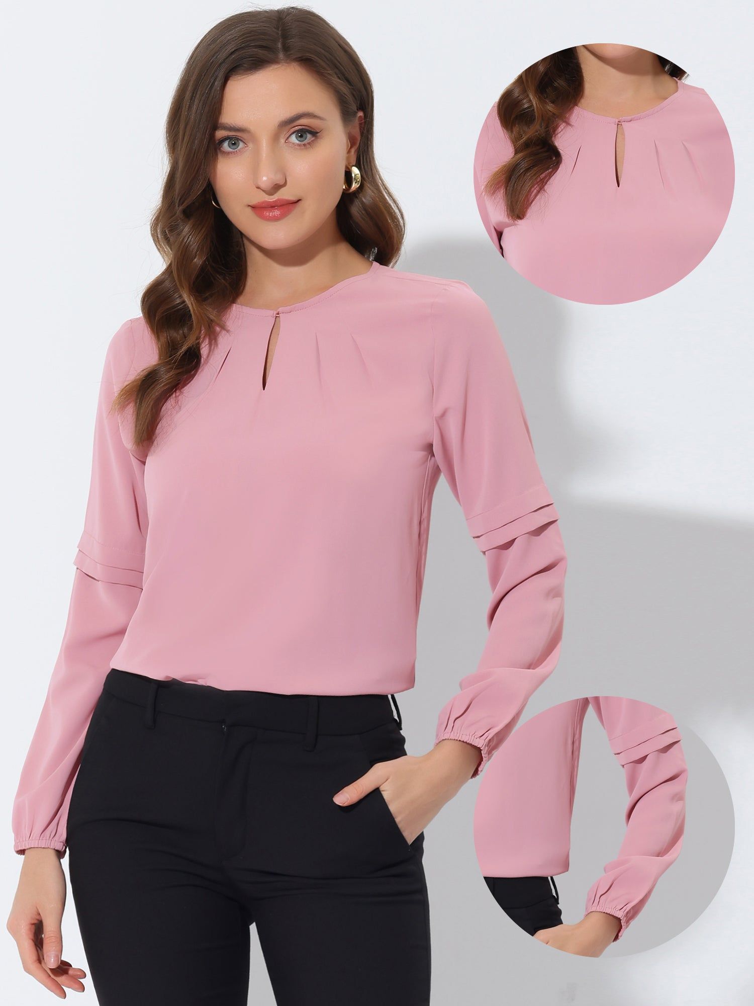 Solid Pleated Neckline Casual Round Neck Long Sleeve Blouse sold by Allegra K product image thumbnail 5