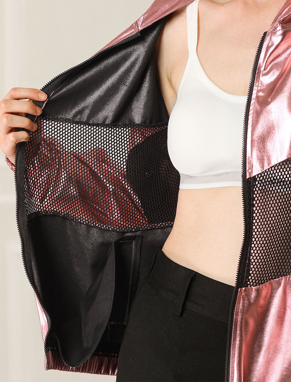 Mesh Hollow Out Hooded Shiny Metallic Holographic Jacket sold by Allegra K product image thumbnail 5