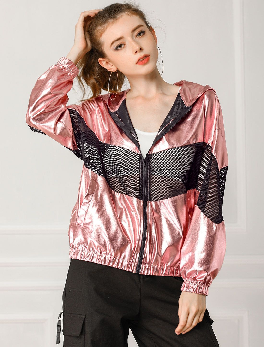 Mesh Hollow Out Hooded Shiny Metallic Holographic Jacket sold by Allegra K