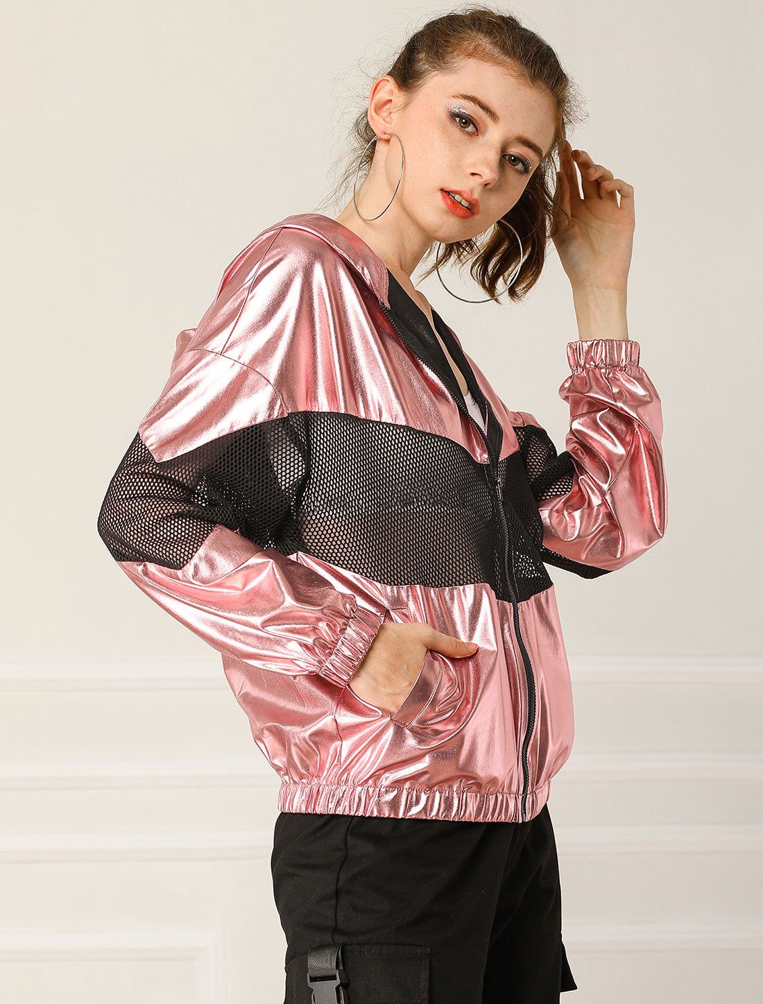 Mesh Hollow Out Hooded Shiny Metallic Holographic Jacket sold by Allegra K product image thumbnail 3