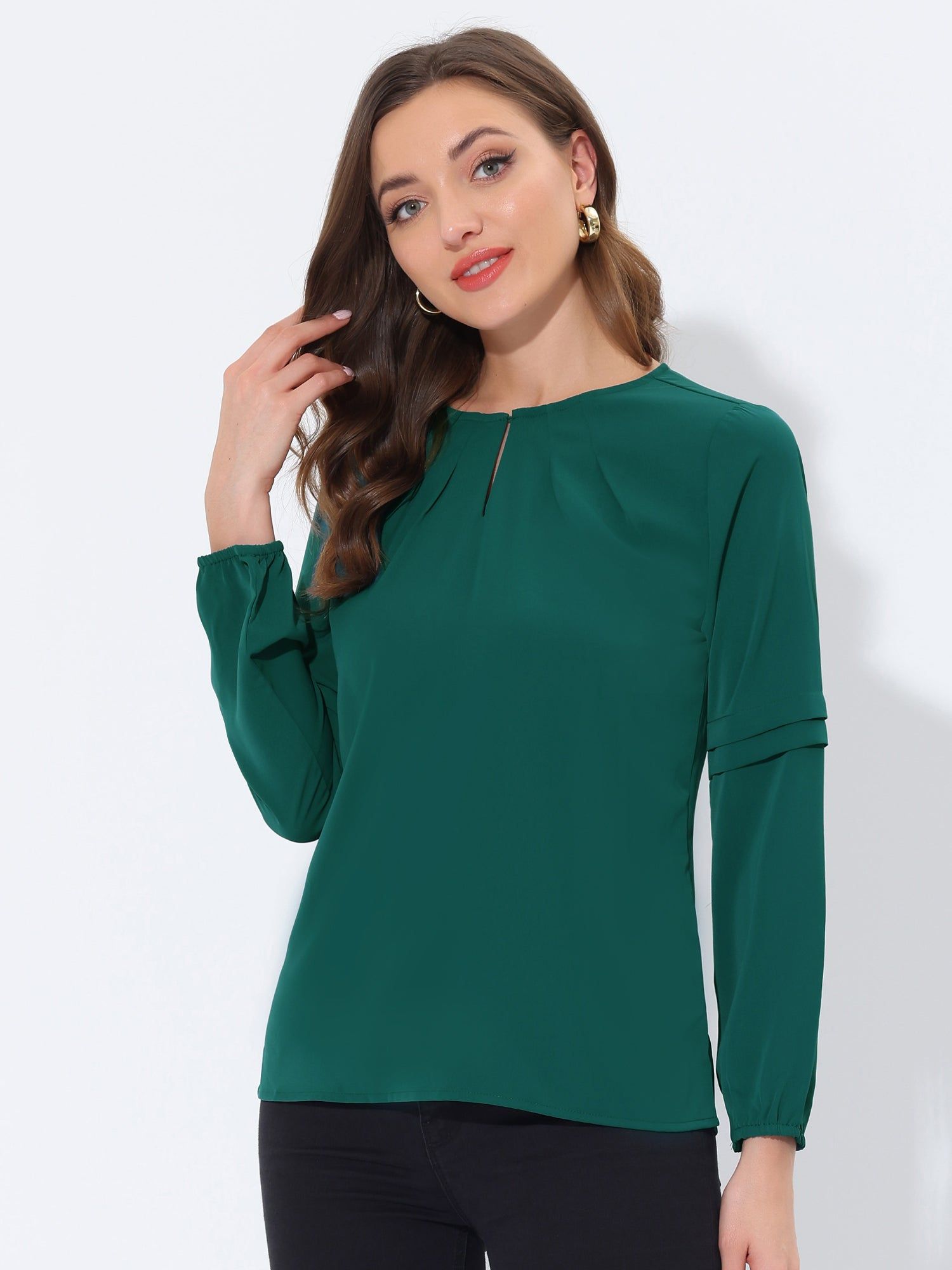 Solid Pleated Neckline Casual Round Neck Long Sleeve Blouse sold by Allegra K product image thumbnail 2
