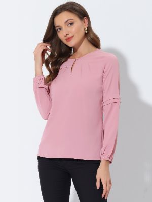 Solid Pleated Neckline Casual Round Neck Long Sleeve Blouse sold by Allegra K