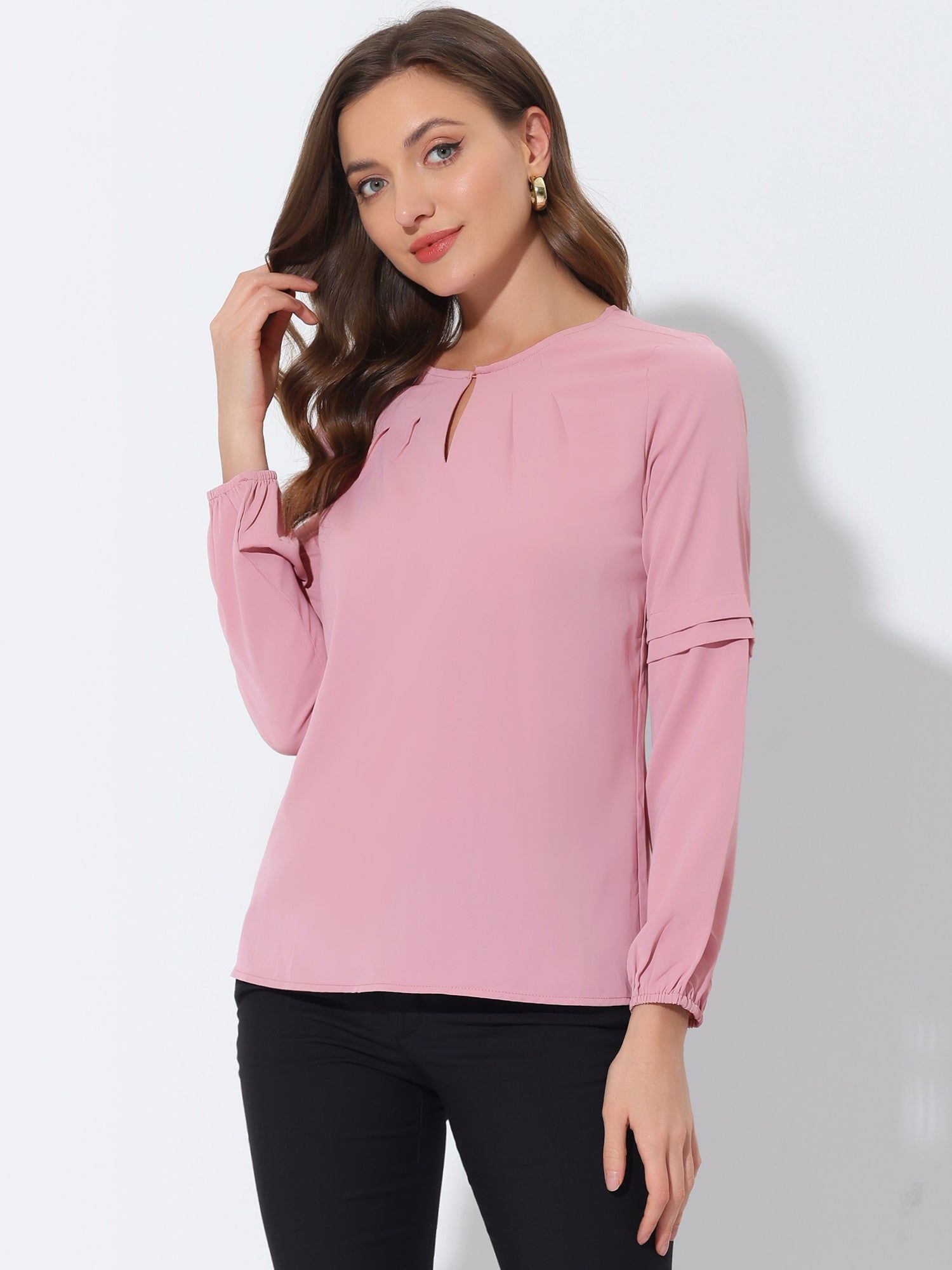 Solid Pleated Neckline Casual Round Neck Long Sleeve Blouse sold by Allegra K