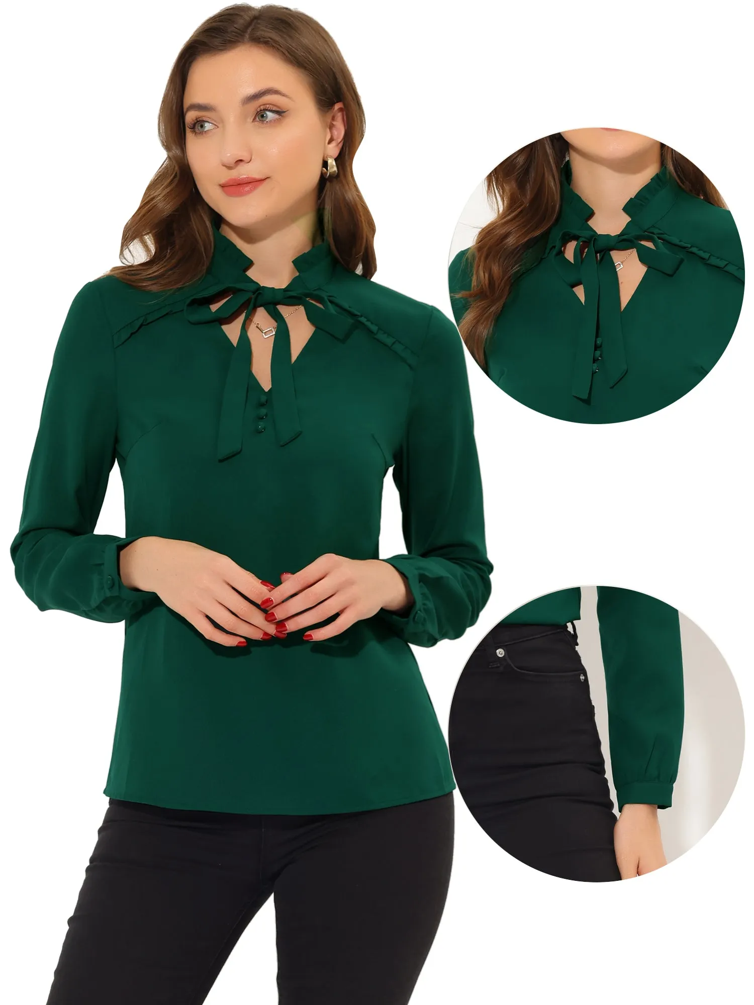 Ruffled Top Long Sleeve Bow Tie Neck Christmas Blouse sold by Allegra K product image thumbnail 2