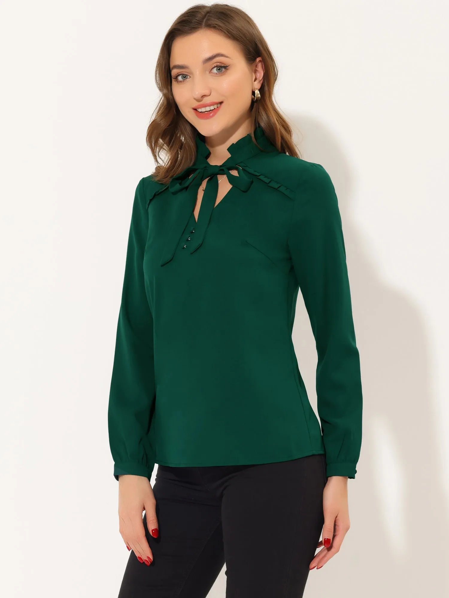 Ruffled Top Long Sleeve Bow Tie Neck Christmas Blouse sold by Allegra K product image thumbnail 5