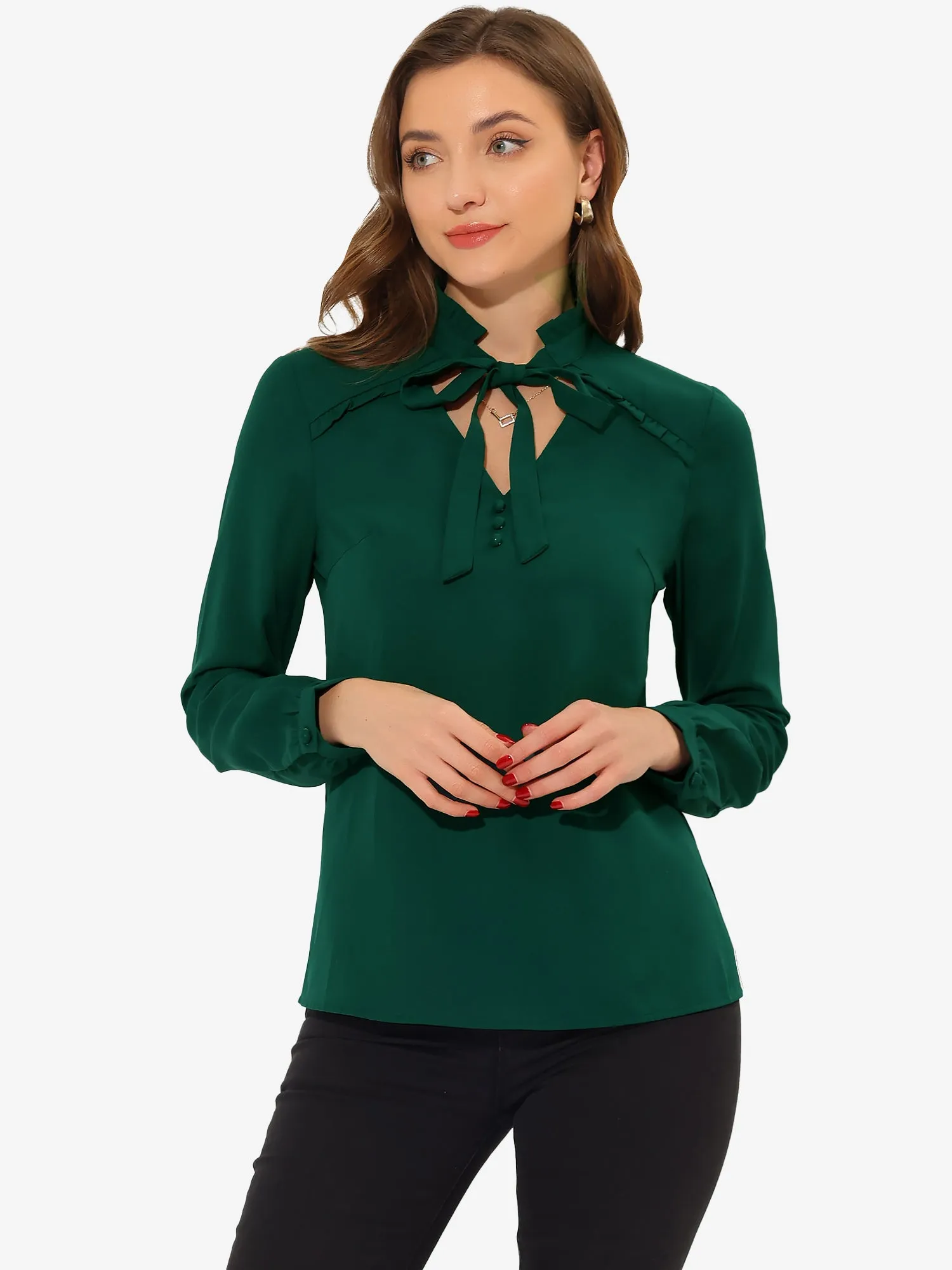 Ruffled Top Long Sleeve Bow Tie Neck Christmas Blouse sold by Allegra K