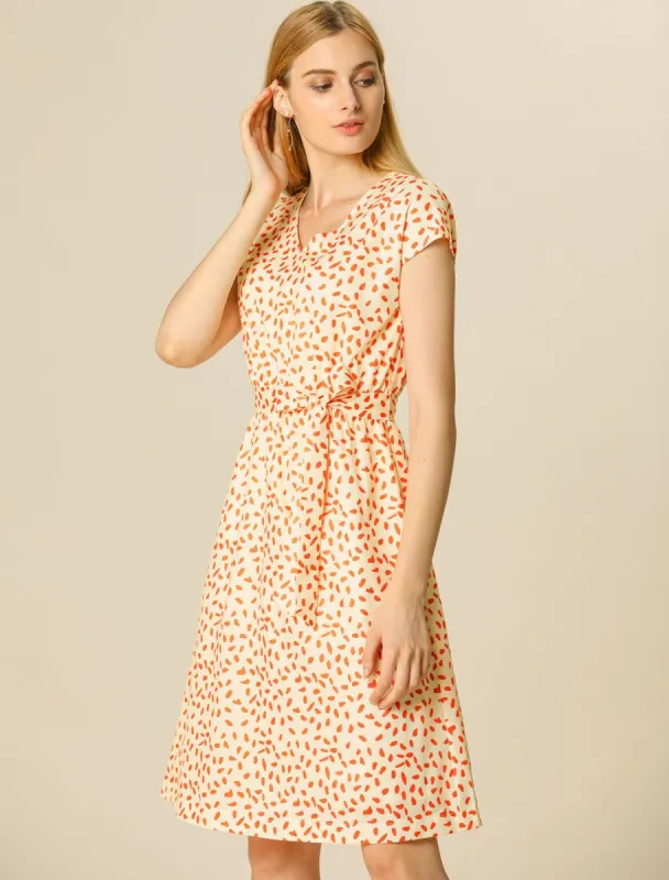Work Casual V Neck Printed Belted A-line Cap Sleeve Midi Dress sold by Allegra K